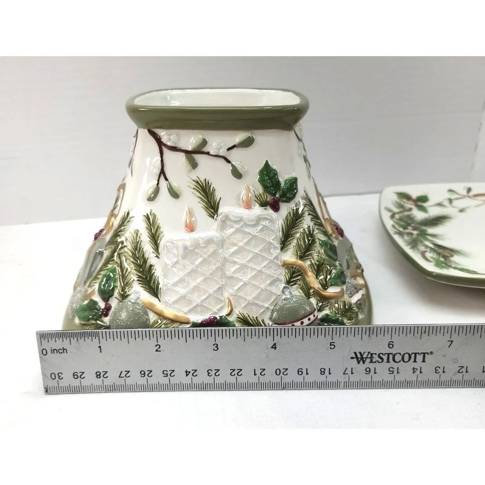 Yankee Candle Mistletoe Candle Jar Shade Holder w Plate Ceramic Holiday **READ**